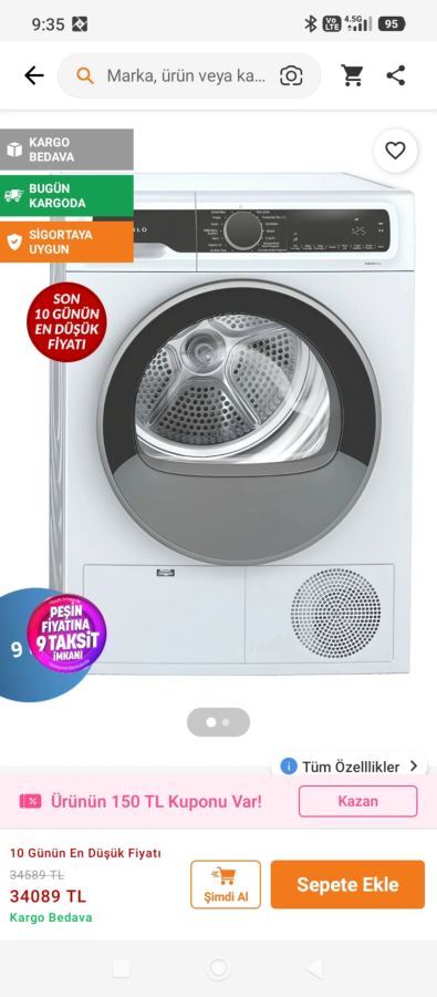 Profilo 9 KG Isı Pompalı Kurutma Makinesi İyi Durumda